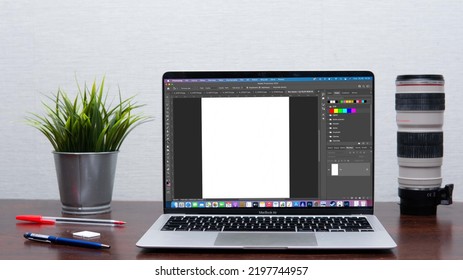 Bielsko, Poland - 09.05.2022: Adobe Photoshop Program On Macbook Air Screen.