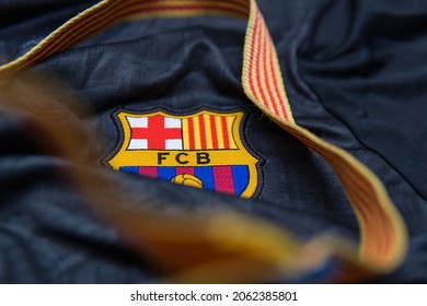 Bielsko, Poland - 10.23.2021: logo of one of the most popular football clubs of FC Barcelona. Popular Spanish club from Catalonia. Barcelona coat of arms on a soccer jersey.