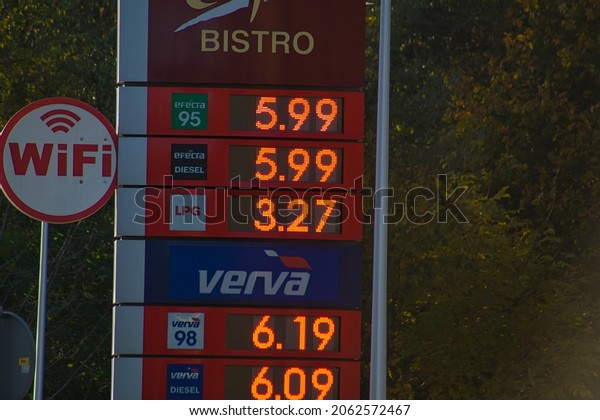 Bielsko, Poland -\
10.23.2021: Very high prices of gasoline, diesel and LPG at the\
Orlen Fuel Station. Very expensive fuel in Poland. Gasoline for 6\
zlotys. Increase in fuel\
prices