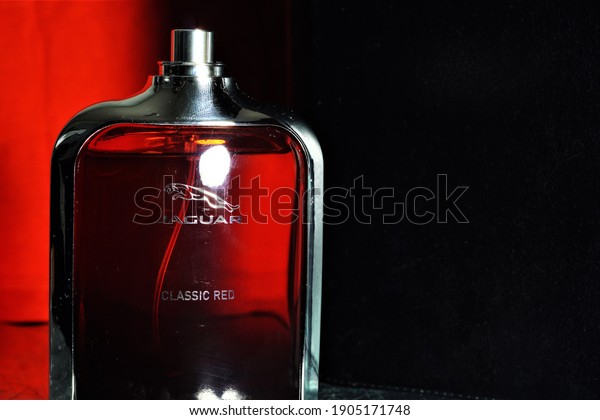 \
Bielsko-Biala, Poland - 01.30.21: CLASSIC RED RANGE\
perfume by Jaguar, known for car production. a powerful, dynamic\
perfume for\
men