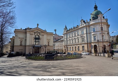 BIELSKO-BIALA, POLAND On APRIL 2022: Drama Theater And Main Post Office In European City At Silesia, Clear Blue Sky In Warm Sunny Spring Day.