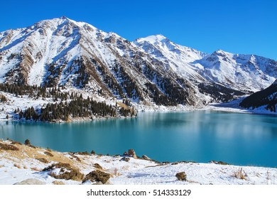Big Almaty Lake. Blue freshwater lake in the mountains of Kazakhstan.