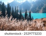 Big Almaty Lake in Tien Shan mountains of Kazakhstan. Panorama of Beautiful mountain landscape on a fall evening with white first autumn snow