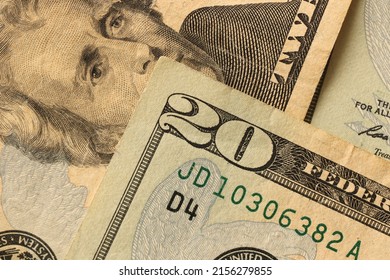 Big Amount Of Old 20 Dollar Bills Details On Macro Photography. Money Earnings, Payday Or Tax Paying Period Concept