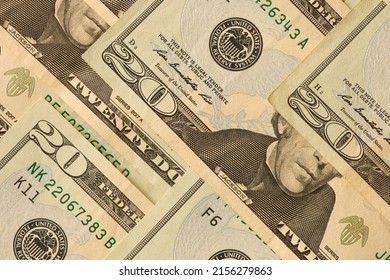 Big Amount Of Old 20 Dollar Bills Details On Macro Photography. Money Earnings, Payday Or Tax Paying Period Concept