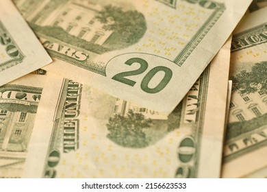 Big Amount Of Old 20 Dollar Bills Details On Macro Photography. Money Earnings, Payday Or Tax Paying Period Concept