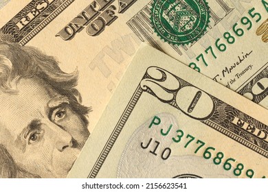 Big Amount Of Old 20 Dollar Bills Details On Macro Photography. Money Earnings, Payday Or Tax Paying Period Concept