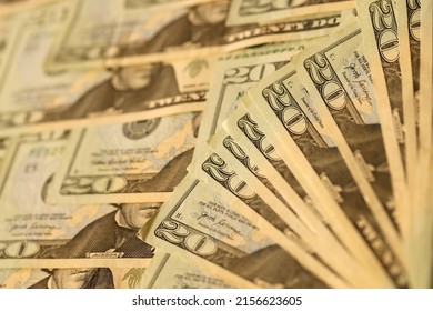 Big Amount Of Old 20 Dollar Bills Details On Macro Photography. Money Earnings, Payday Or Tax Paying Period Concept