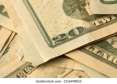 Big Amount Of Old 20 Dollar Bills Details On Macro Photography. Money Earnings, Payday Or Tax Paying Period Concept