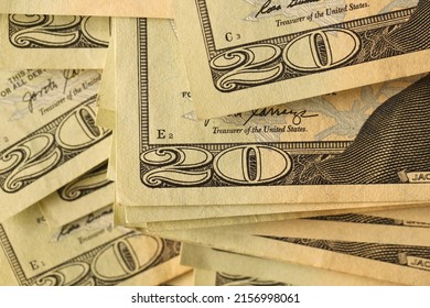 Big Amount Of Old 20 Dollar Bills Details On Macro Photography. Money Earnings, Payday Or Tax Paying Period Concept