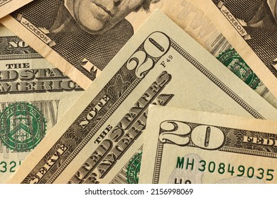 Big Amount Of Old 20 Dollar Bills Details On Macro Photography. Money Earnings, Payday Or Tax Paying Period Concept