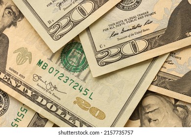 Big Amount Of Old 20 Dollar Bills Details On Macro Photography. Money Earnings, Payday Or Tax Paying Period Concept