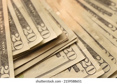 Big Amount Of Old 20 Dollar Bills Details On Macro Photography. Money Earnings, Payday Or Tax Paying Period Concept