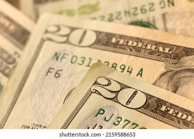 Big Amount Of Old 20 Dollar Bills Details On Macro Photography. Money Earnings, Payday Or Tax Paying Period Concept