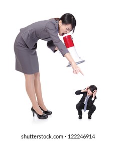 Big Angry Boss (business Woman) With Megaphone Yelling To Small Staff (business Man) , Isolated On White Background, Asian Model