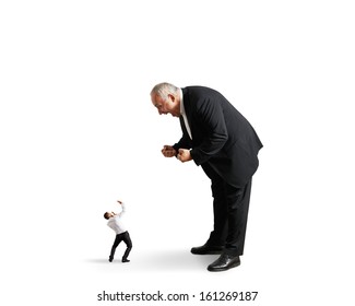 Big Angry Boss Screaming At Small Startled Worker. Isolated On White Background