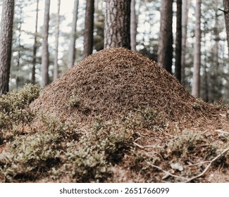 A big anthill in the forest with trees in the background