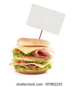 Big Appetizing Fast Food Sandwich With Blank Price Tag. Isolated