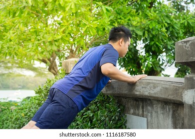 Big Asian Man Doing Incline Push Up In Park.