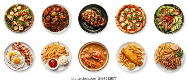 Big Assortment of Delicious foods top view collection. Set of Many Different foods plates. tofu salad, beef steak, Italian pizza, crab soup, fish and chips, grilled chicken. Huge Food menu set. - Powered by Shutterstock