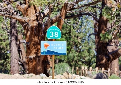 Big Bear, Ca USA - May 21, 2022: California 38 Scenic Route Sign In Big Bear Lake In California.