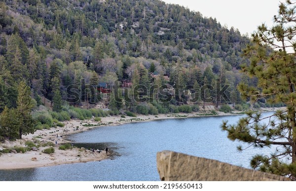 Big Bear Lake, CA -\
US May 20, 2022:  View of the Big Bear Lake from the Bear Valley\
Dam in the evening.