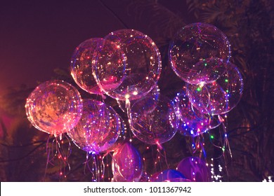 Big Beautiful Gel Balloons, Painted Lights And Light Bulbs. At Night. Asia