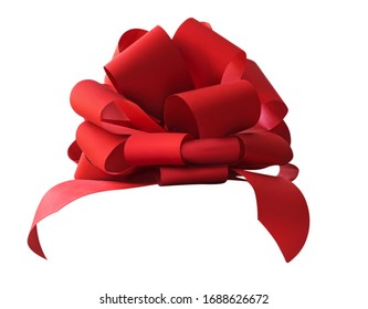 Big beautiful red bow for gift, gift wrapping, banner, advertisement, congratulation. Side view.