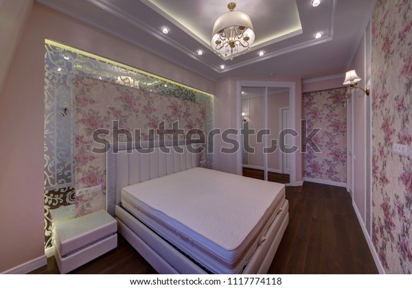 Big Bed Bedroom Multicolored Wallpaper Mirrors Stock Photo