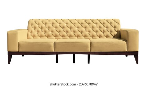 Big Beige Sofa On Wooden Legs On White Background. Upholstered Furniture For The Living Room. Ivory Couch Isolated