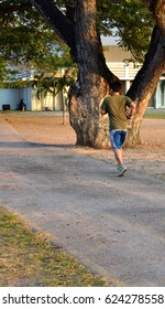 Big Belly Man Jogging, Exercising, Doing Cardio In The Park, Slightly Overweight, Losing Weight