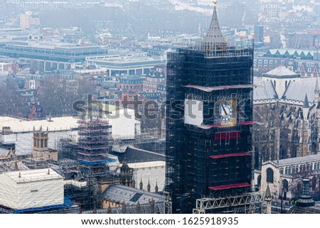 Big Ben clock in London maintenance repairs. Famous clock tower in England under construction, London, UK  