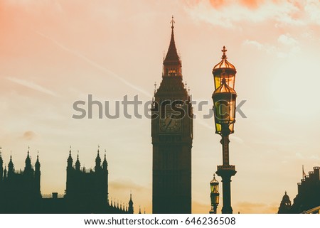 Big Ben clock on Westminster Palace with Sunset Sky on the background Lodon, England 