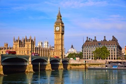 Big Ben Clock Tower And Thames River In London At England