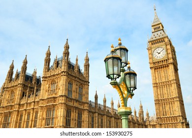 Big Ben Clocktower In London And A Street Lamp View