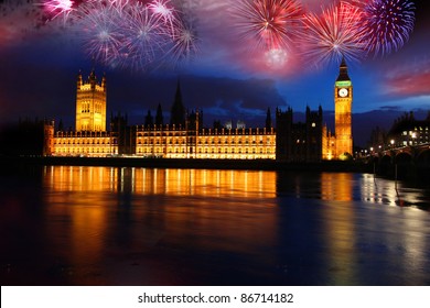 Big Ben With Firework, Celebration Of The New Year In London, UK