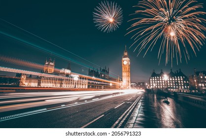  Big Ben with fireworks - celebration of the New Year at the House of Parliament, London, United Kingdom