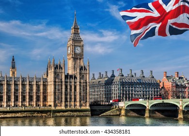 Big Ben with flag of England in London, UK - Shutterstock ID 434358181