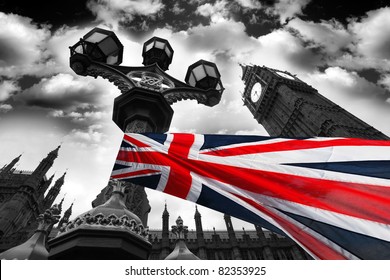 Big Ben With Flag Of England, London, Uk