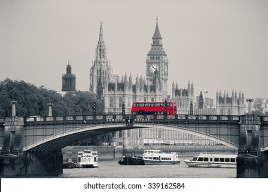 Big Ben, House Of Parliament And Lambeth Bridge With Red Bus In London.