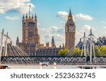 Big Ben and Houses of Parliament seen from athrough Golden Jubilee bridge, London, UK