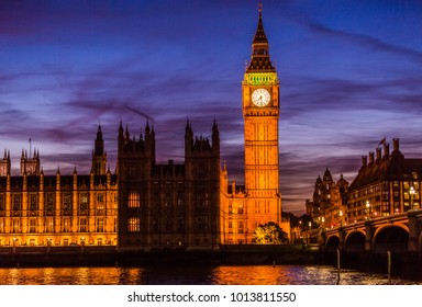 Big Ben And Houses Of Parliament At Twilight On Westminster Bridge In London, UK. Lit Building At Night, Nightlife Photography.