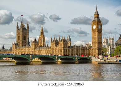 The Big Ben, the Houses of Parliament and Westminster Bridge in London