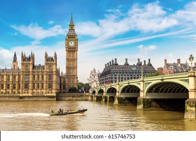 The Big Ben, the Houses of Parliament and Westminster bridge in London in a beautiful summer day, England, United Kingdom - Shutterstock ID 615746753