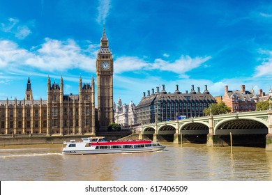 The Big Ben, the Houses of Parliament and Westminster bridge in London in a beautiful summer day, England, United Kingdom - Shutterstock ID 617406509