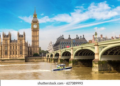 The Big Ben, the Houses of Parliament and Westminster bridge in London in a beautiful summer day, England, United Kingdom - Shutterstock ID 627389993