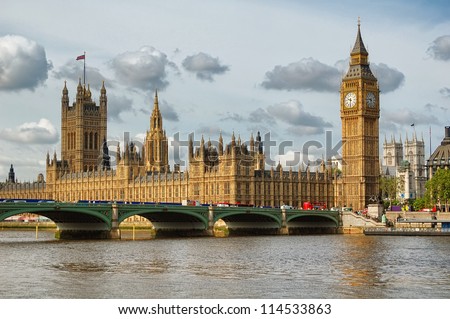 The Big Ben, the Houses of Parliament and Westminster Bridge in London