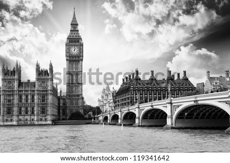 The Big Ben, the Houses of Parliament and Westminster Bridge in London.