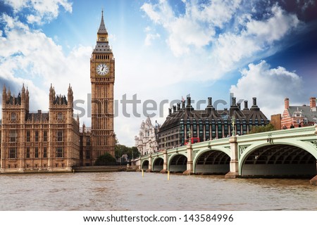 The Big Ben, the Houses of Parliament and Westminster Bridge in London.