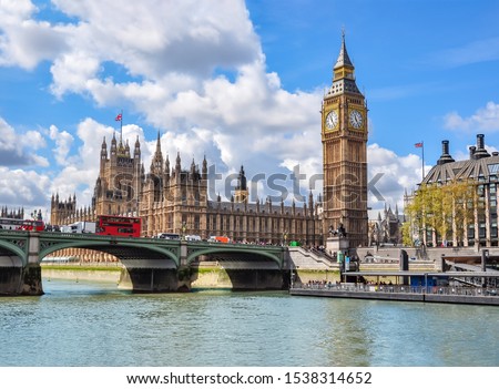 Big Ben with Houses of Parliament and Westminster bridge, London, UK